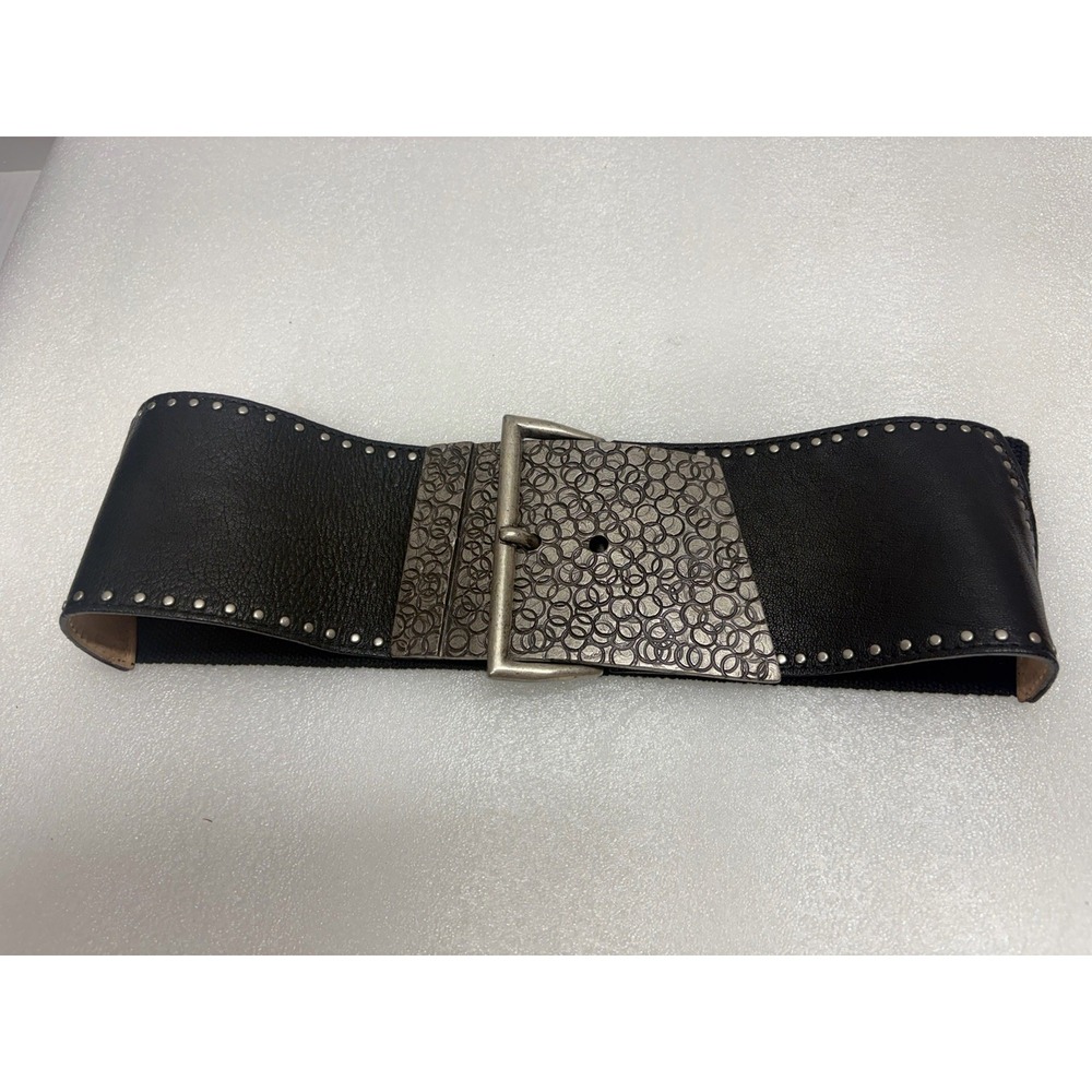 Vintage Streets Ahead Elastic & Leather Black & Silver Belt USA Size Small EUC